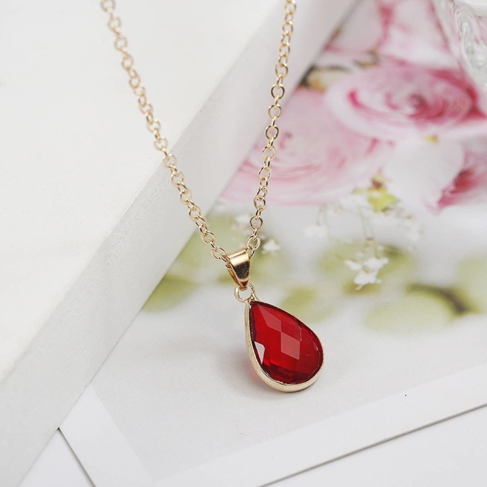 Red Jeweled Drop Pendent on Gold Chain